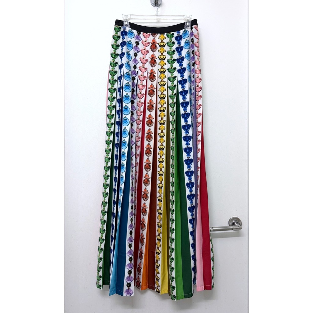 Mary Katrantzou Nyx Perfume Bottle Print Rainbow Stripe Pleated Maxi Skirt US 6 - Picture 2 of 16